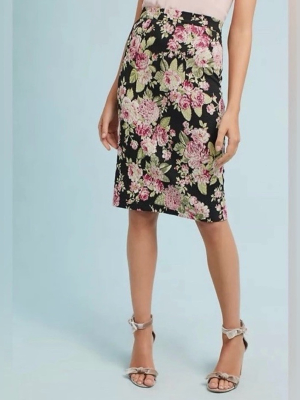Anthropologie Maeve Floral Rose Pencil Skirt | Black Pink | M - Picture 2 of 10